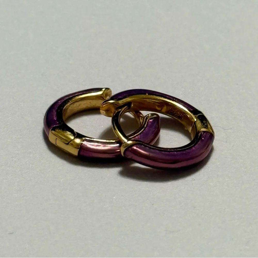 STERLING SILVER 925 small Gold & Purple Hoop Earrings